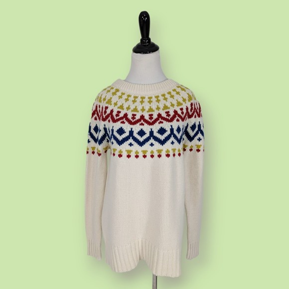 J. Crew Wool Blend Fair Isle Ski Sweater   M Ivory/Blue/Red/Gold Off White K4650 - Picture 1 of 6